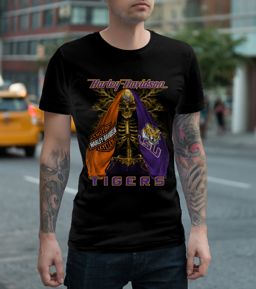 Harley Davidson Lsu Tigers Skeleton Motorcycles T-Shirt