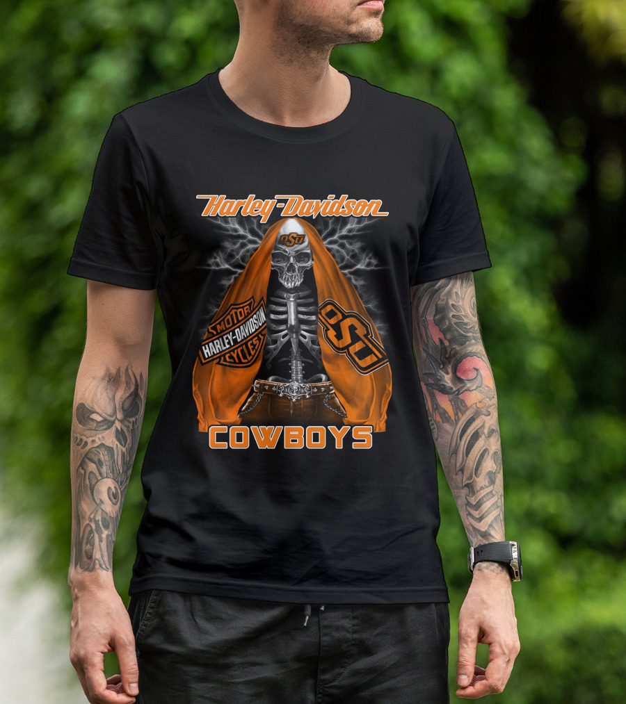 Harley Davidson Oklahoma State Cowboys Skeleton Osu Motorcycle T-Shirt