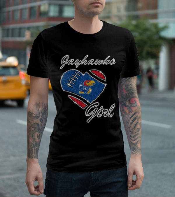 Jayhawks Girl KU Football Heart T-Shirt