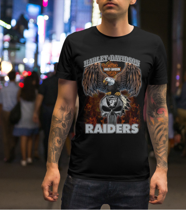 Harley Davidson Motor Cycles Raiders Eagle And Skull T-Shirt