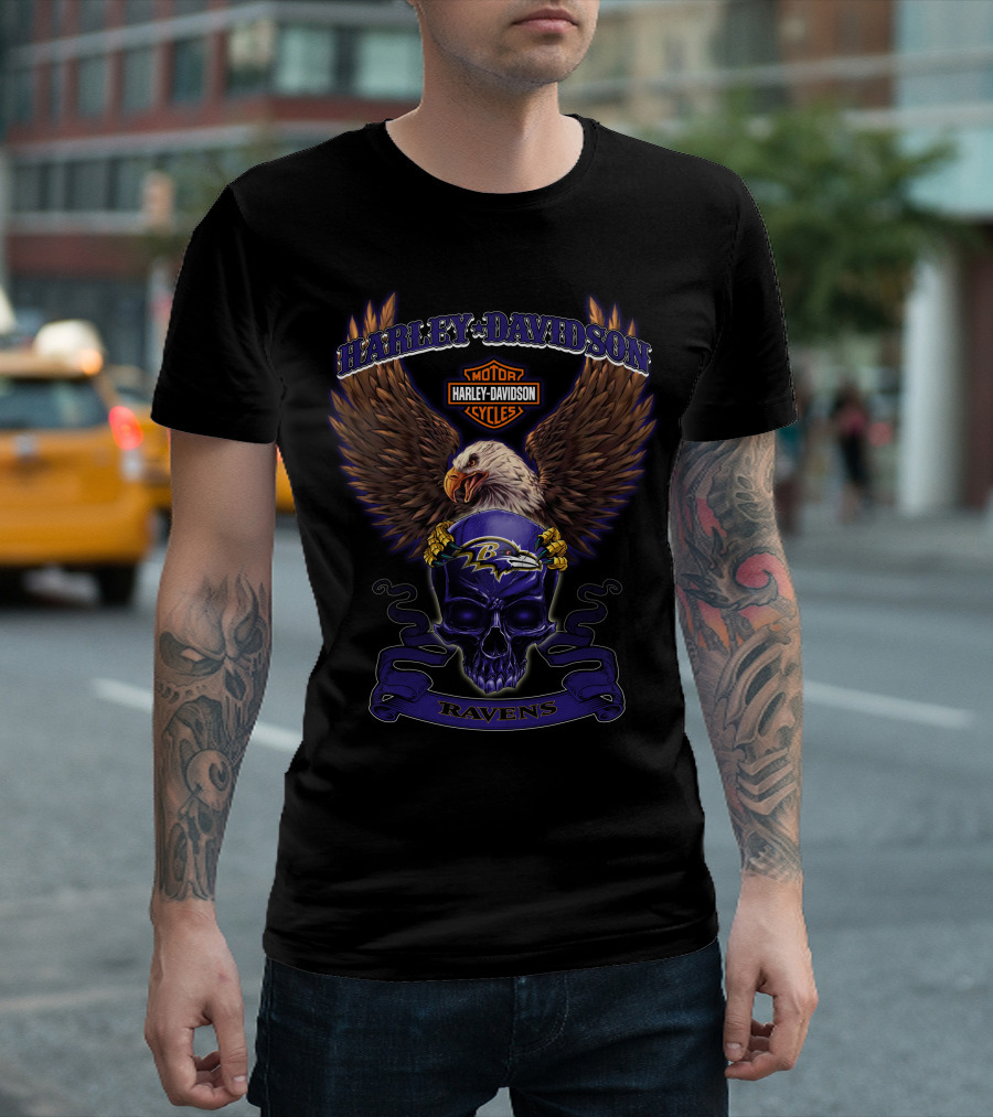Harley Davidson Motor Cycles Baltimore Ravens Eagle Skull Ravens T-Shirt