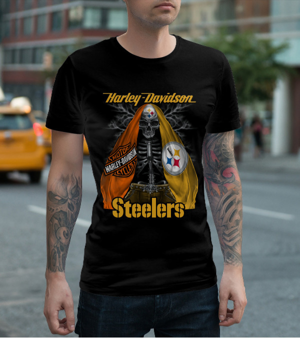 Harley Davidson Steelers Motorcycles Skull With Lightning T-Shirt