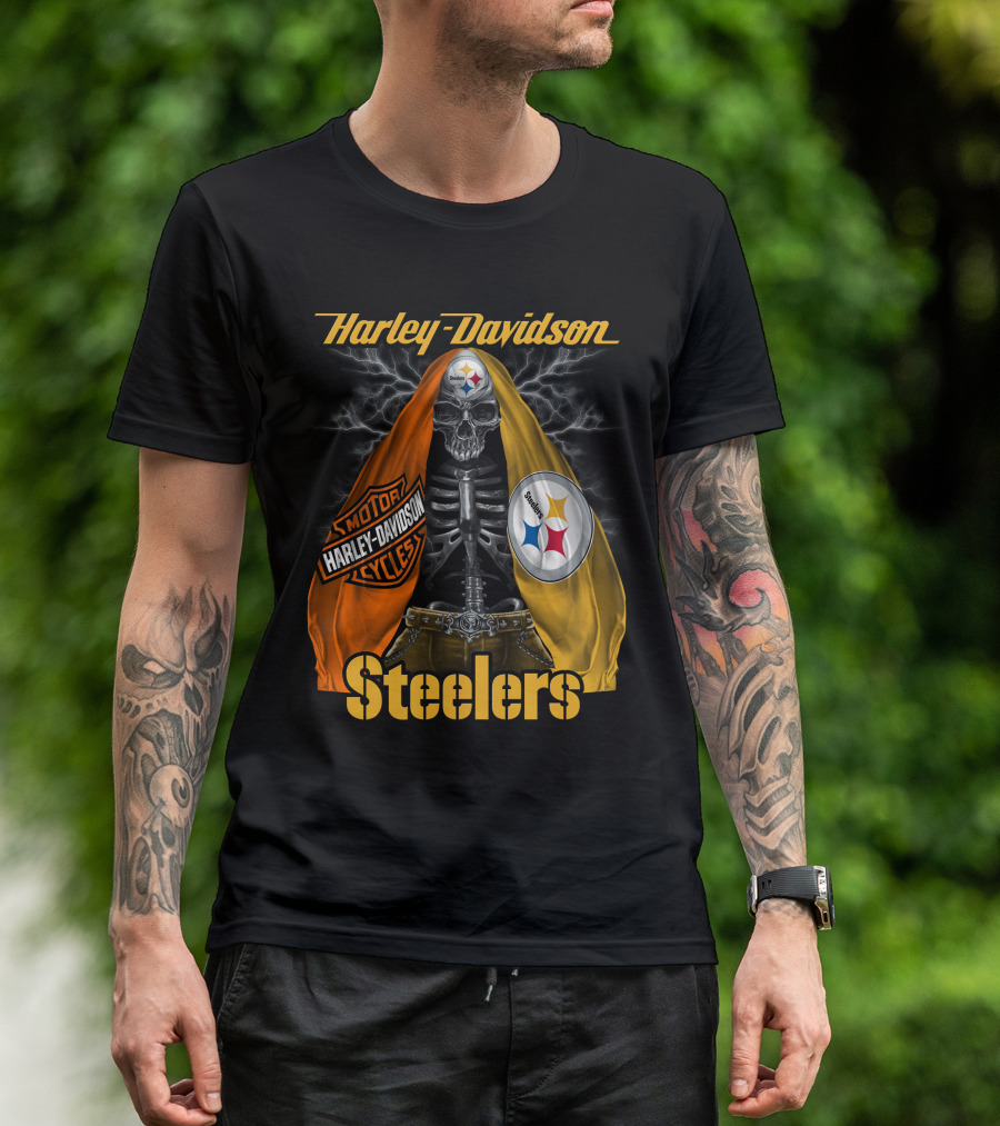 Harley Davidson Steelers Motorcycles Skull With Lightning T-Shirt