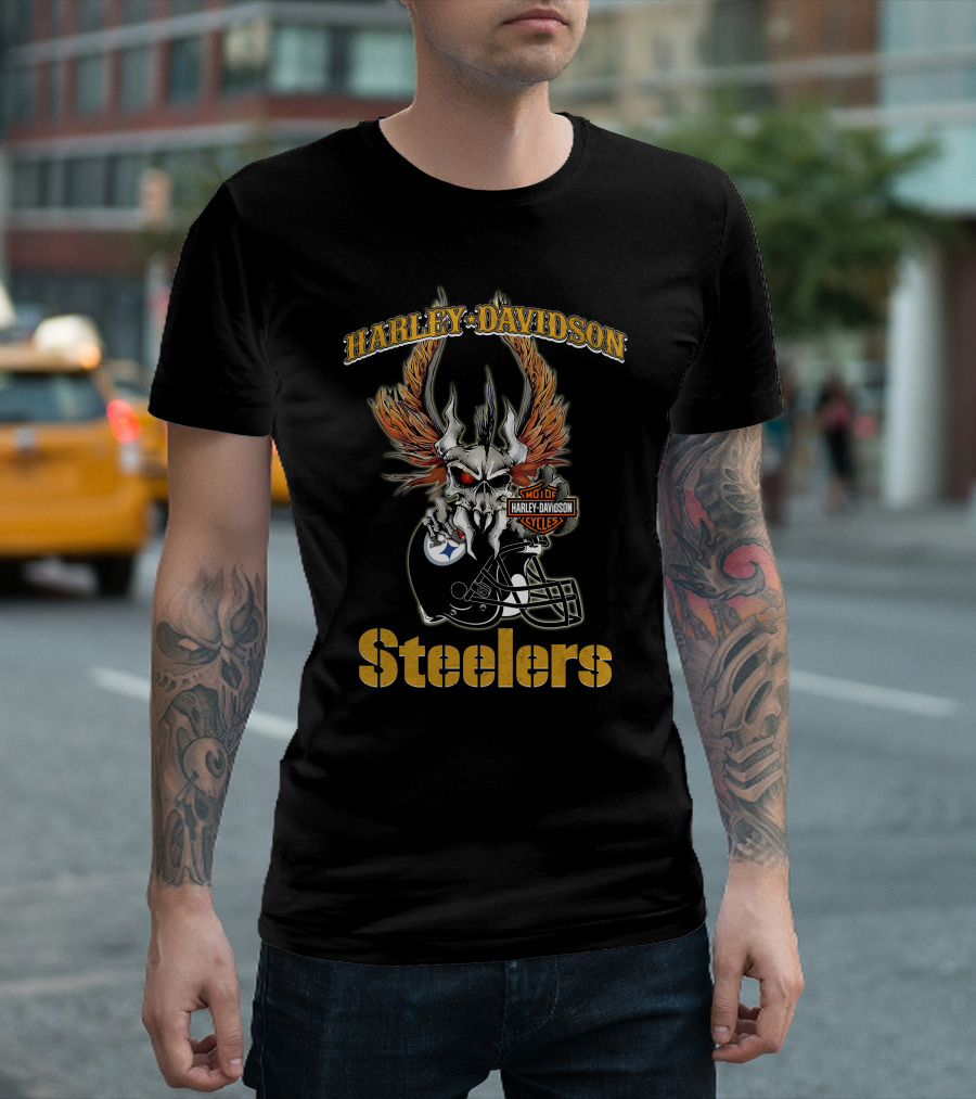 Harley Davidson Steelers Skull Helmet Logo Motorcycles T-Shirt