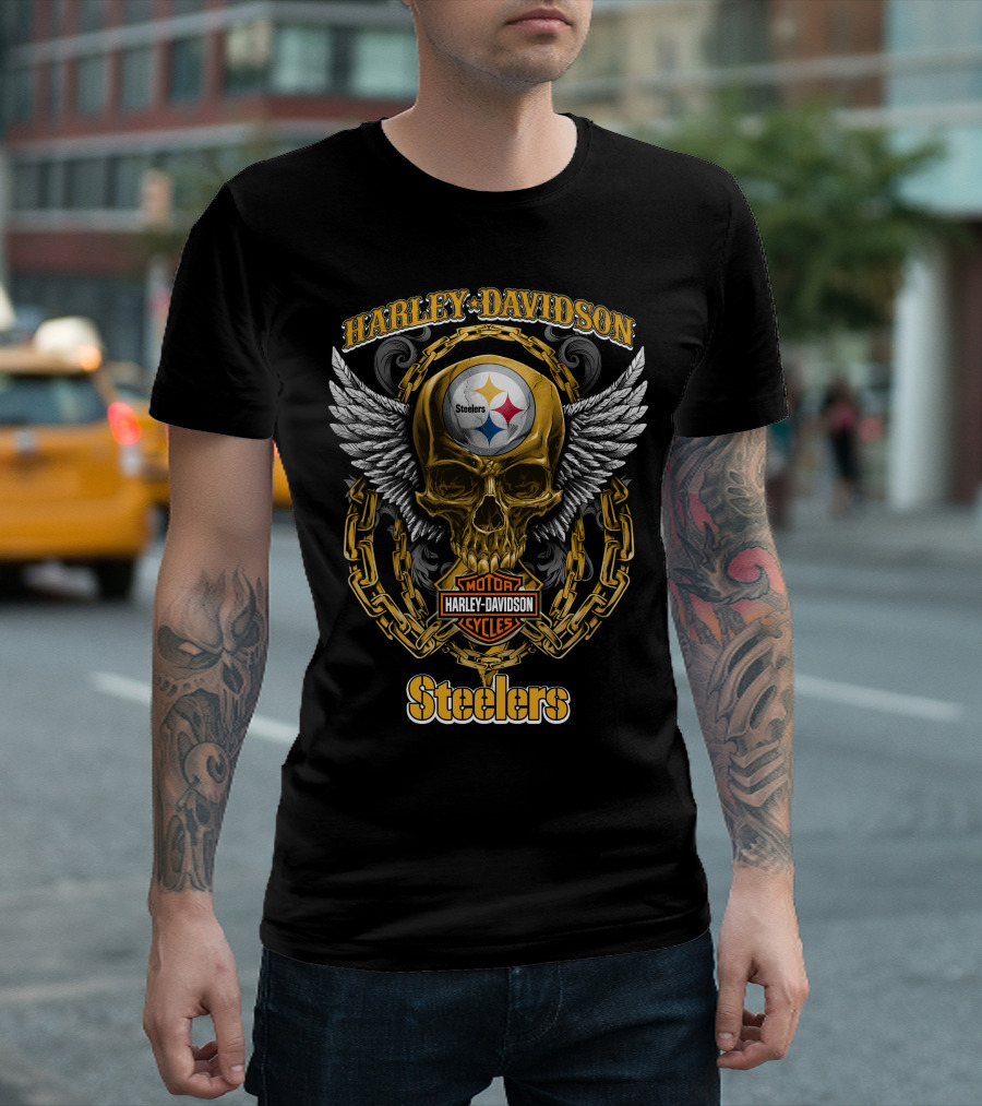 Steelers Harley Davidson Motor Cycles Skull Logo Chain Wings T-Shirt