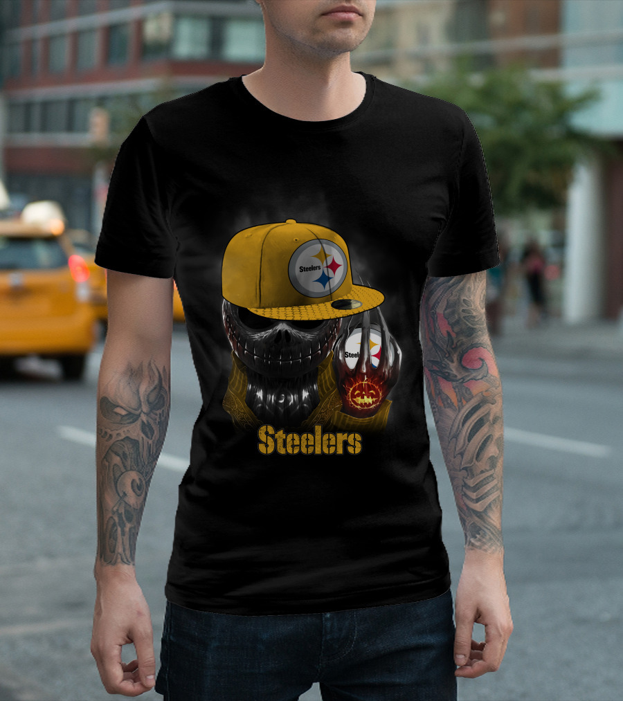 Steelers Skull With Yellow Cap And Pumpkin-Hand T-Shirt