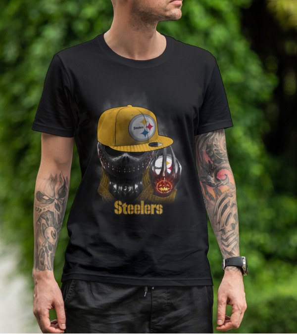 Steelers Skull With Yellow Cap And Pumpkin-Hand T-Shirt