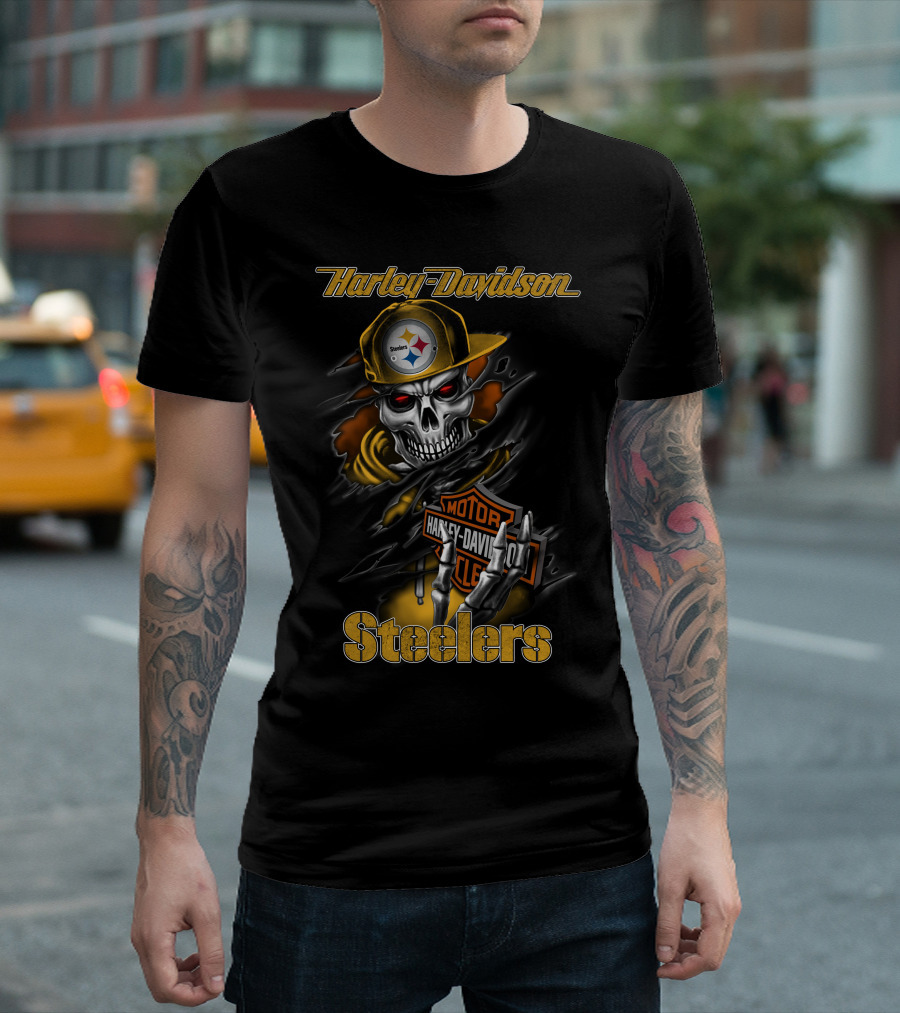 Harley Davidson Pittsburgh Steelers Skeleton Moto Nfl T-Shirt