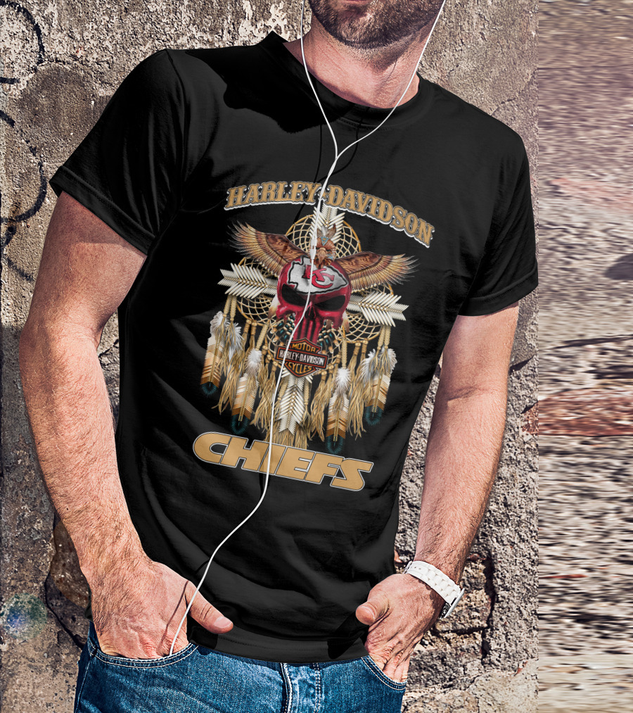 Harley Davidson Motor Cycles Kansas City Chiefs Eagles Feathers Dreamcatcher T-Shirt