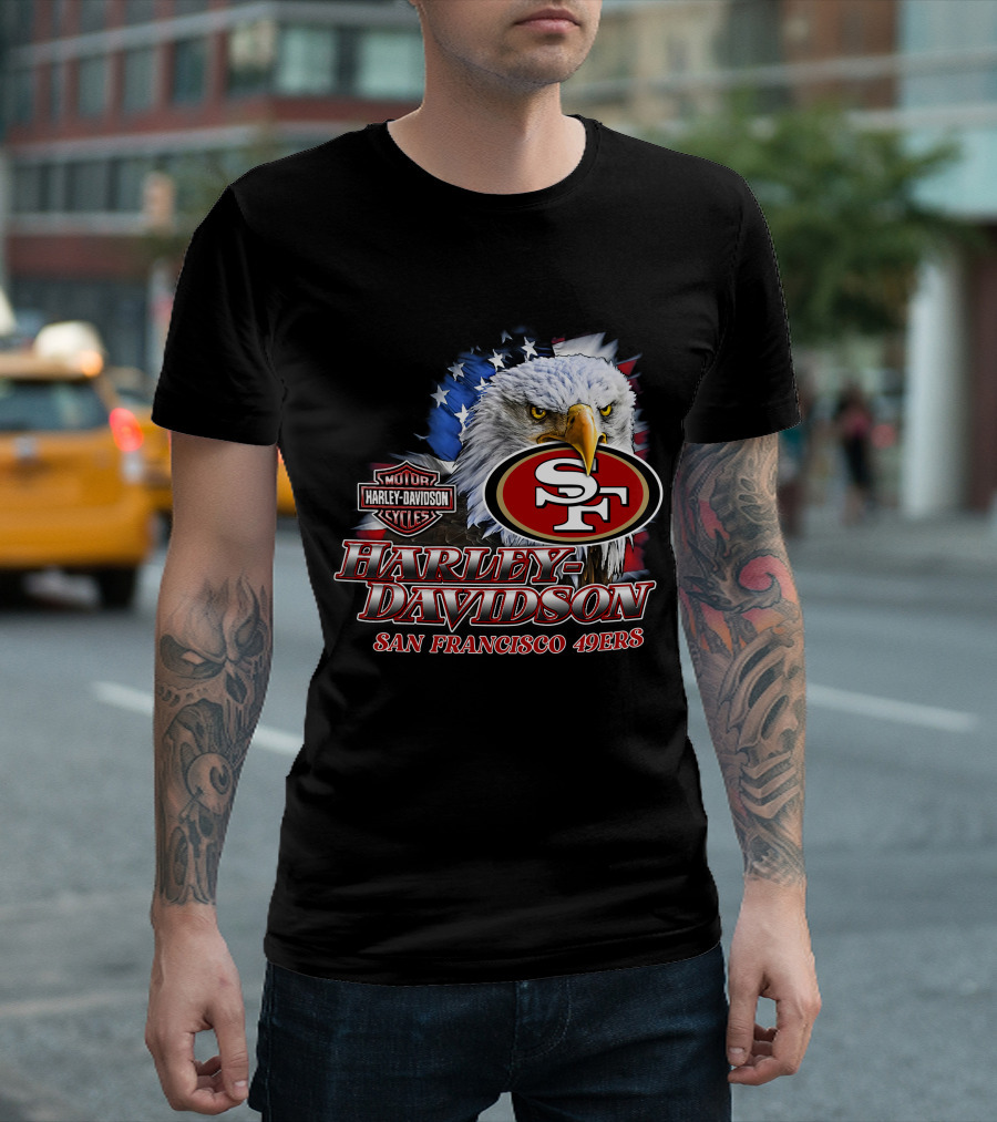 Harley Davidson San Francisco 49ers Nfl Eagles Logo With American Flag T-Shirt