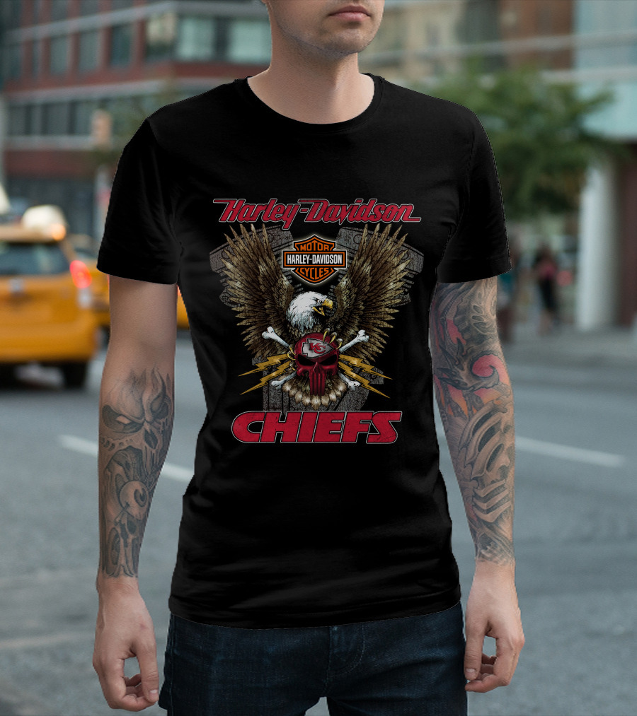 Harley Davidson Kansas City Chiefs Nfl Collaboration With Eagle And Skull T-Shirt