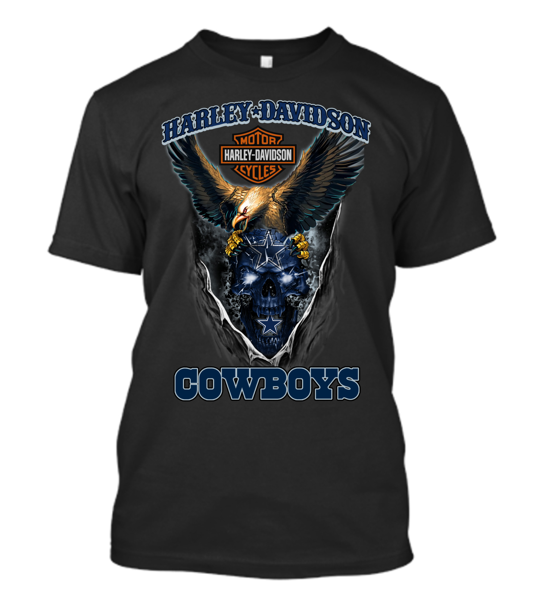 Harley Davidson Motor Cycles Eagle And Dallas Cowboys Blue Skull T-Shirt