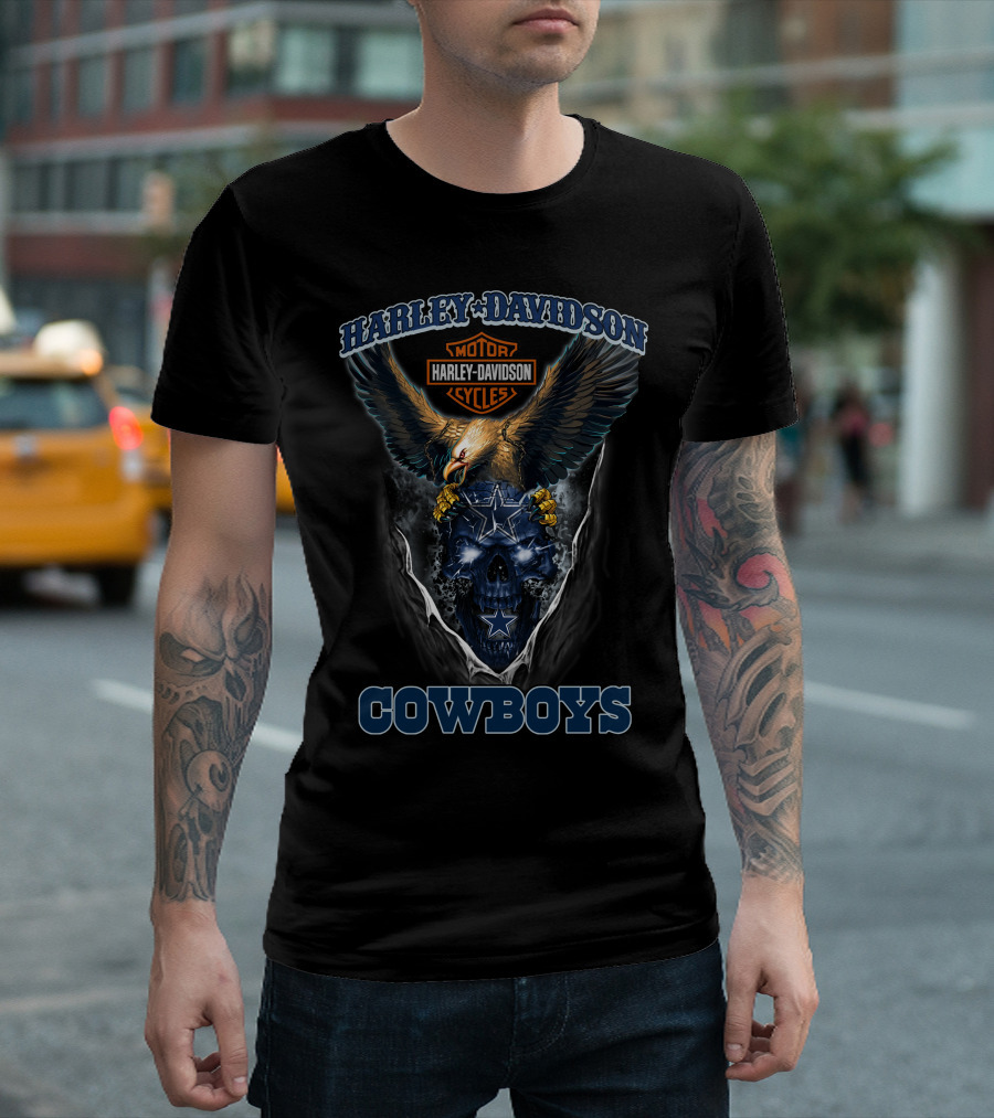 Harley Davidson Motor Cycles Eagle And Dallas Cowboys Blue Skull T-Shirt