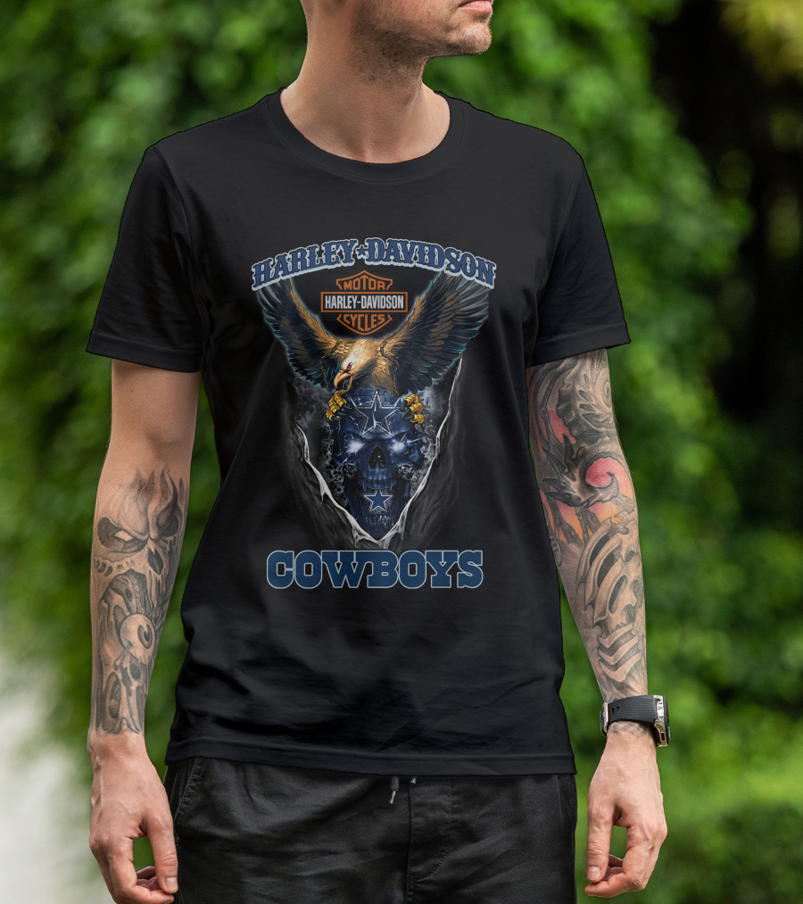 Harley Davidson Motor Cycles Eagle And Dallas Cowboys Blue Skull T-Shirt