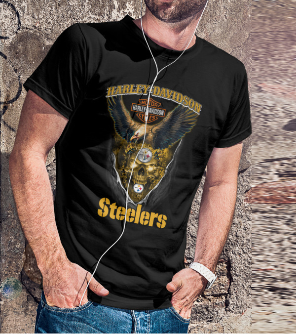 Harley Davidson Motor Cycles Pittsburgh Steelers Skull Eagle T-Shirt