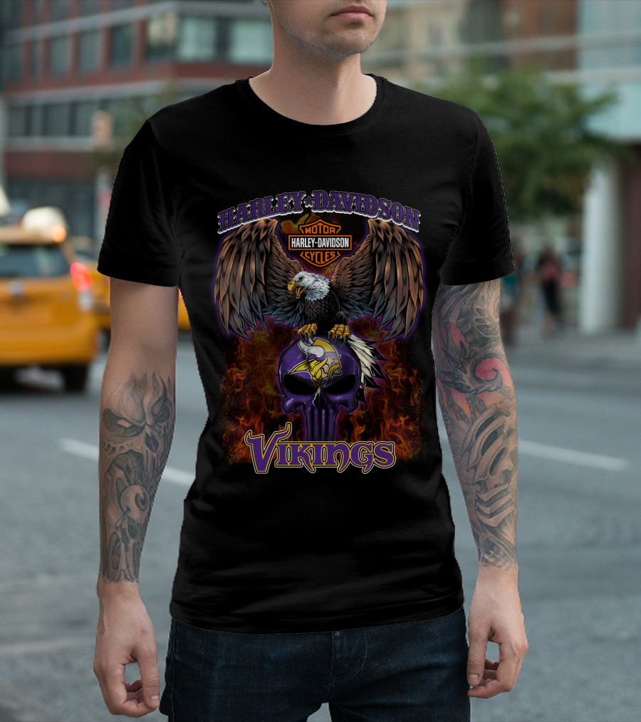 Harley Davidson Motor Cycles Minnesota Vikings Nfl Eagle Skull Flames T-Shirt