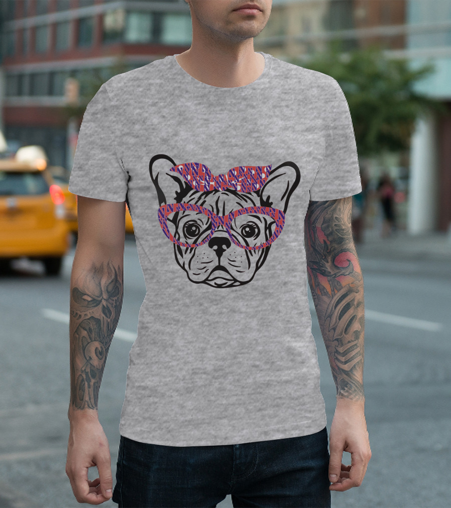 Bulldog with Northwestern Wildcats Pattern Glasses and Bow T-Shirt