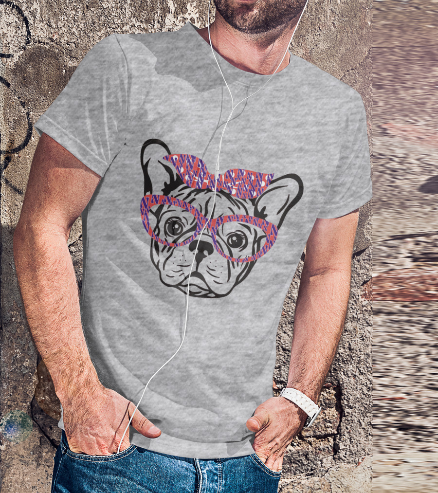 Bulldog With Northwestern Wildcats Pattern Glasses And Bow T-Shirt