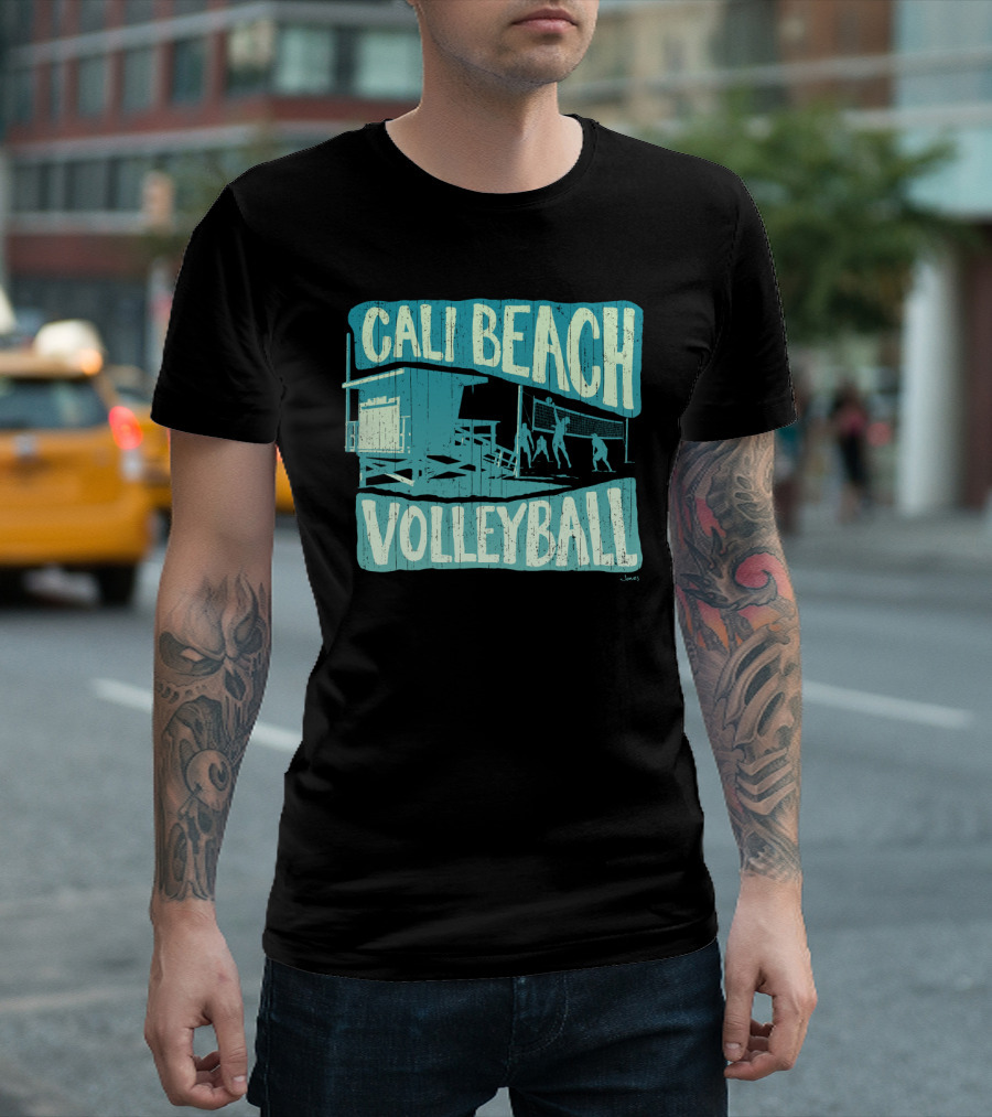 Cali Beach Volleyball Retro Lifeguard Shack Silhouette Scene T-Shirt