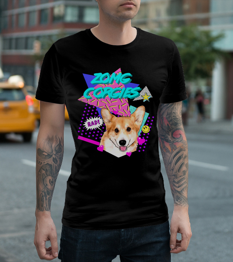 ZOMG Corgies Rad Retro Pop Art Style with Cute Corgi and Bright Geometric Shapes T-Shirt