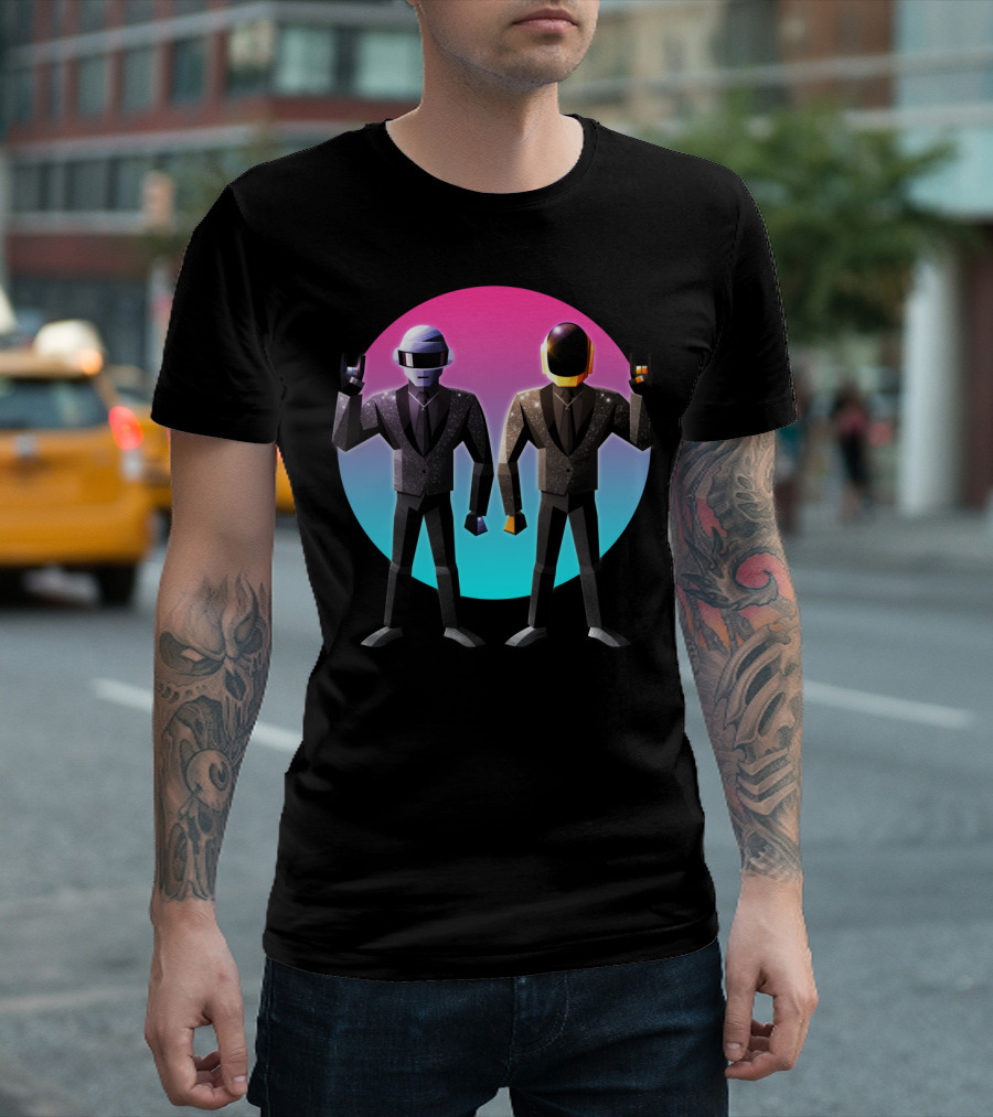 Daft Punk Robot Rock Duo With Helmets And Suits In Retro Gradient Circle T-Shirt
