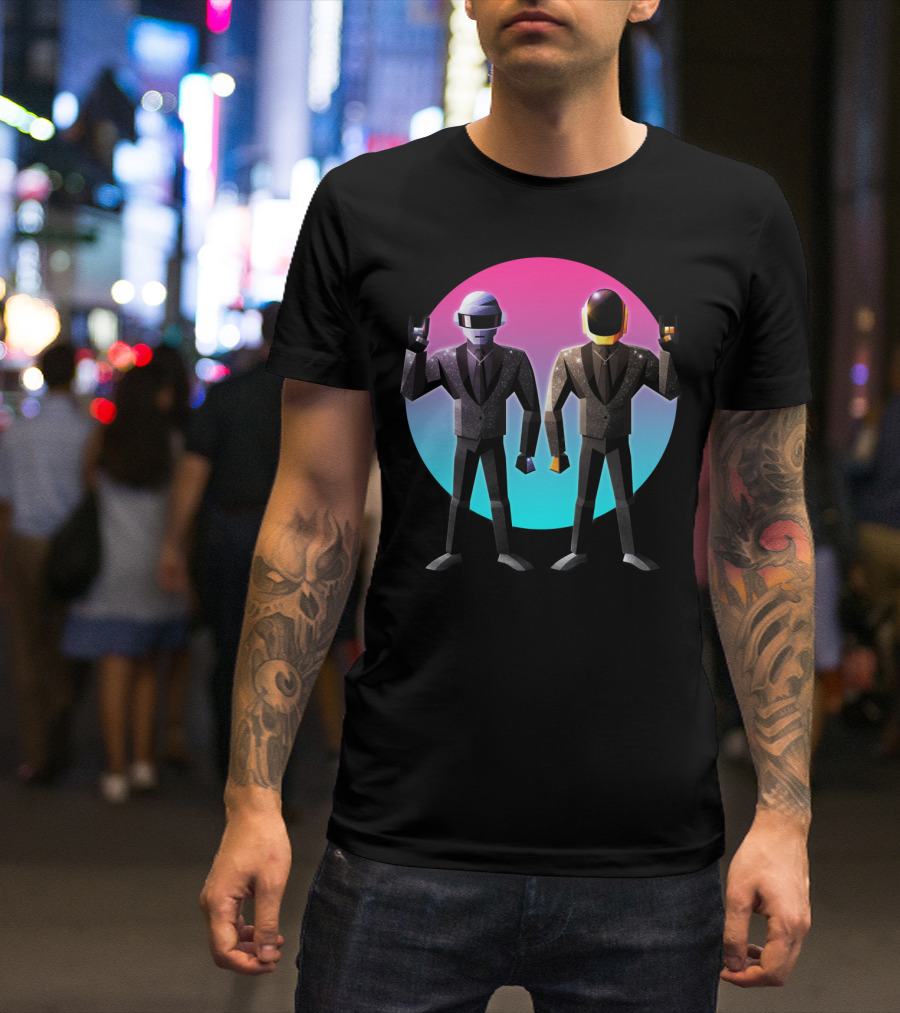 Daft Punk Robot Rock Duo With Helmets And Suits In Retro Gradient Circle T-Shirt