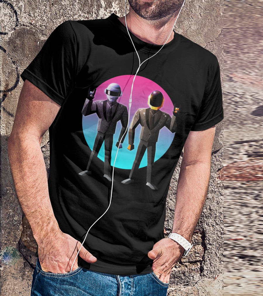 Daft Punk Robot Rock Duo With Helmets And Suits In Retro Gradient Circle T-Shirt