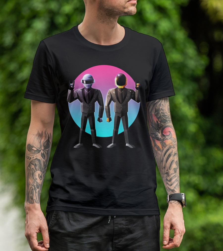 Daft Punk Robot Rock Duo With Helmets And Suits In Retro Gradient Circle T-Shirt