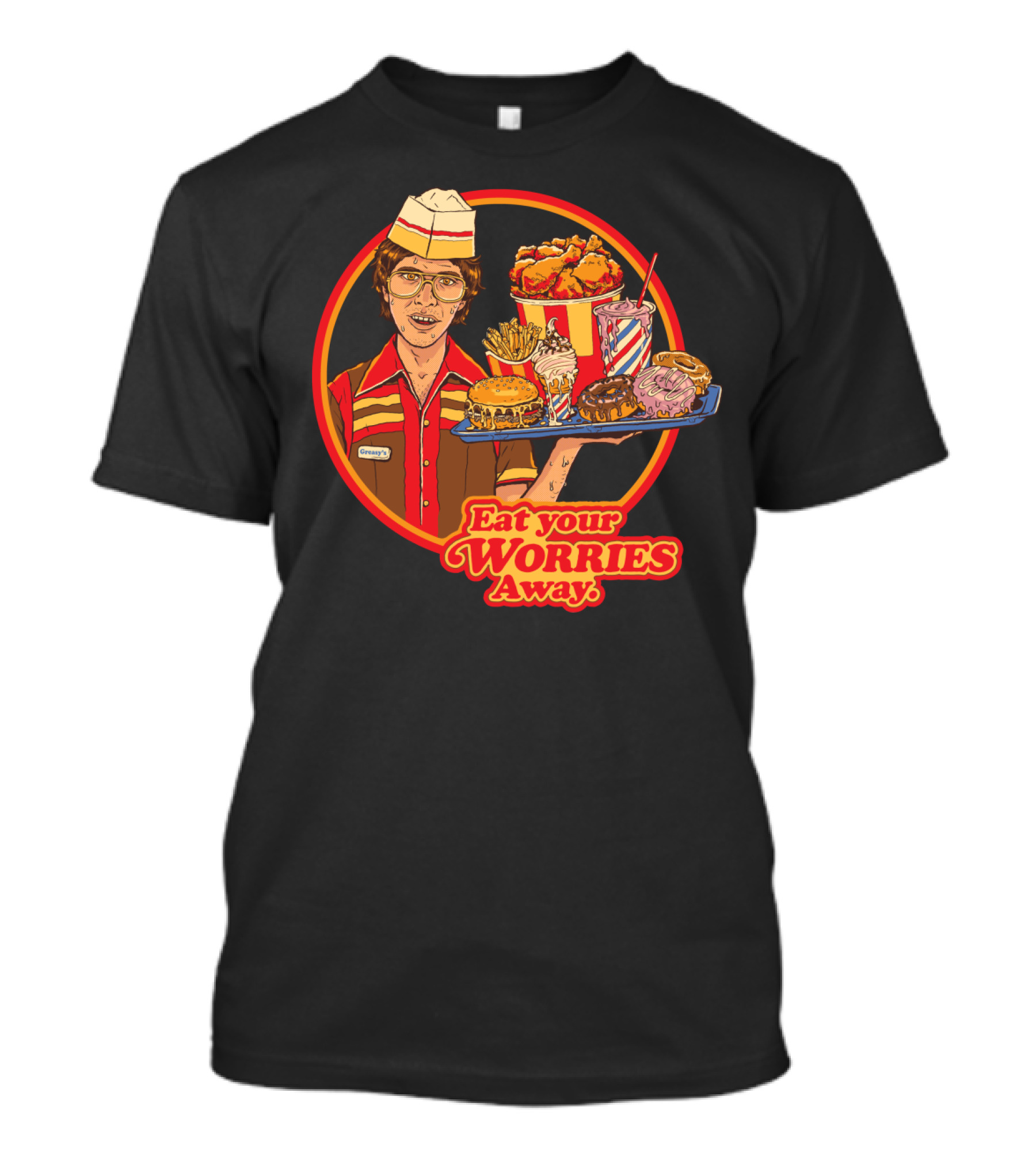 Eat Your Worries Away Retro Fast Food Tray With Burgers, Donuts, And Milkshakes T-Shirt