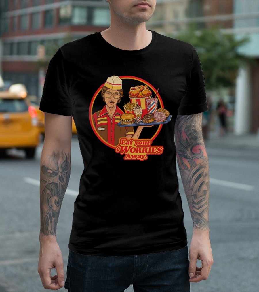 Eat Your Worries Away Retro Fast Food Tray With Burgers, Donuts, And Milkshakes T-Shirt