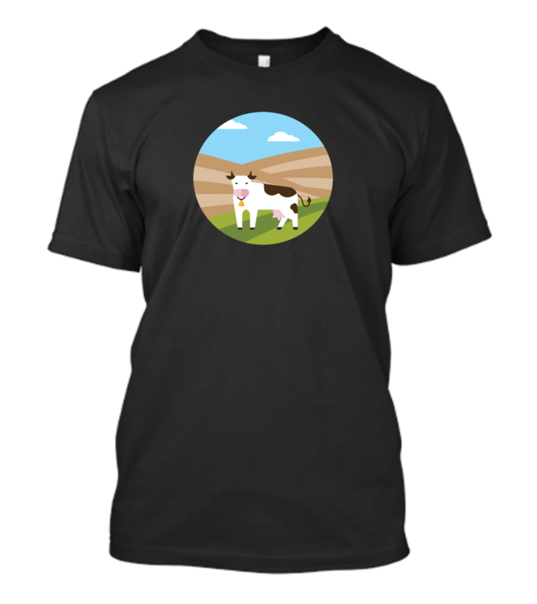 Cow In Pastoral Mountain Landscape With Blue Sky And Clouds In Minimalist Circle T-Shirt
