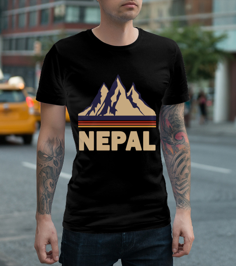 Nepal Mountains Graphic with Retro Stripes T-Shirt