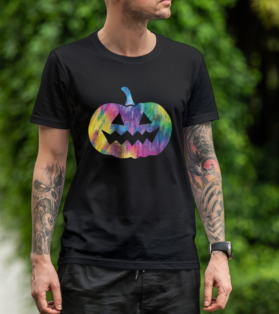 Tie Dye Multicolor Pumpkin Face Jack O Lantern Halloween T-Shirt