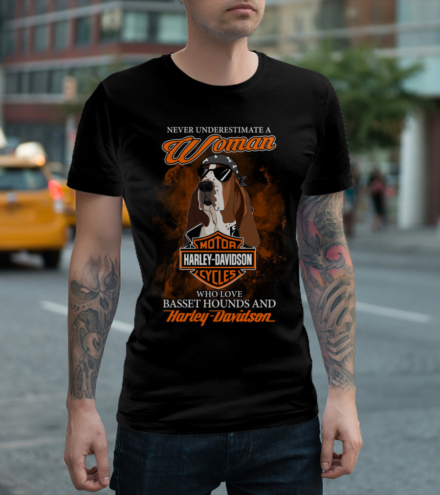 Never Underestimate A Woman Who Loves Basset Hounds And Harley Davidson T-Shirt
