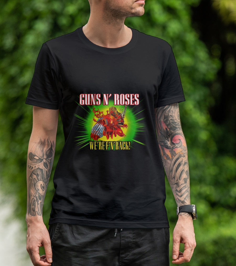 Guns N' Roses We're F'n Back Heart And Guns Burst T-Shirt