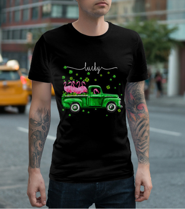 Lucky Flamingo Green Truck With Shamrocks T-Shirt