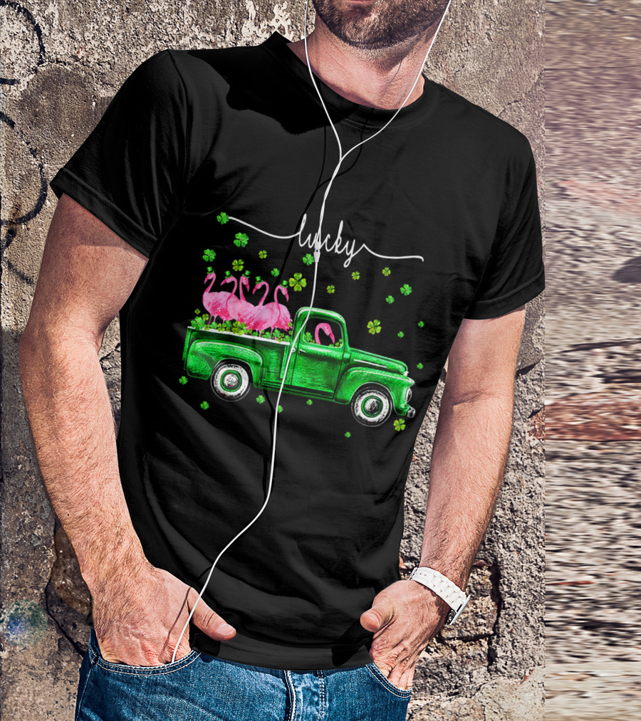 Lucky Flamingo Green Truck With Shamrocks T-Shirt
