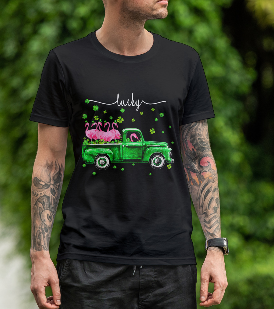 Lucky Flamingo Green Truck With Shamrocks T-Shirt