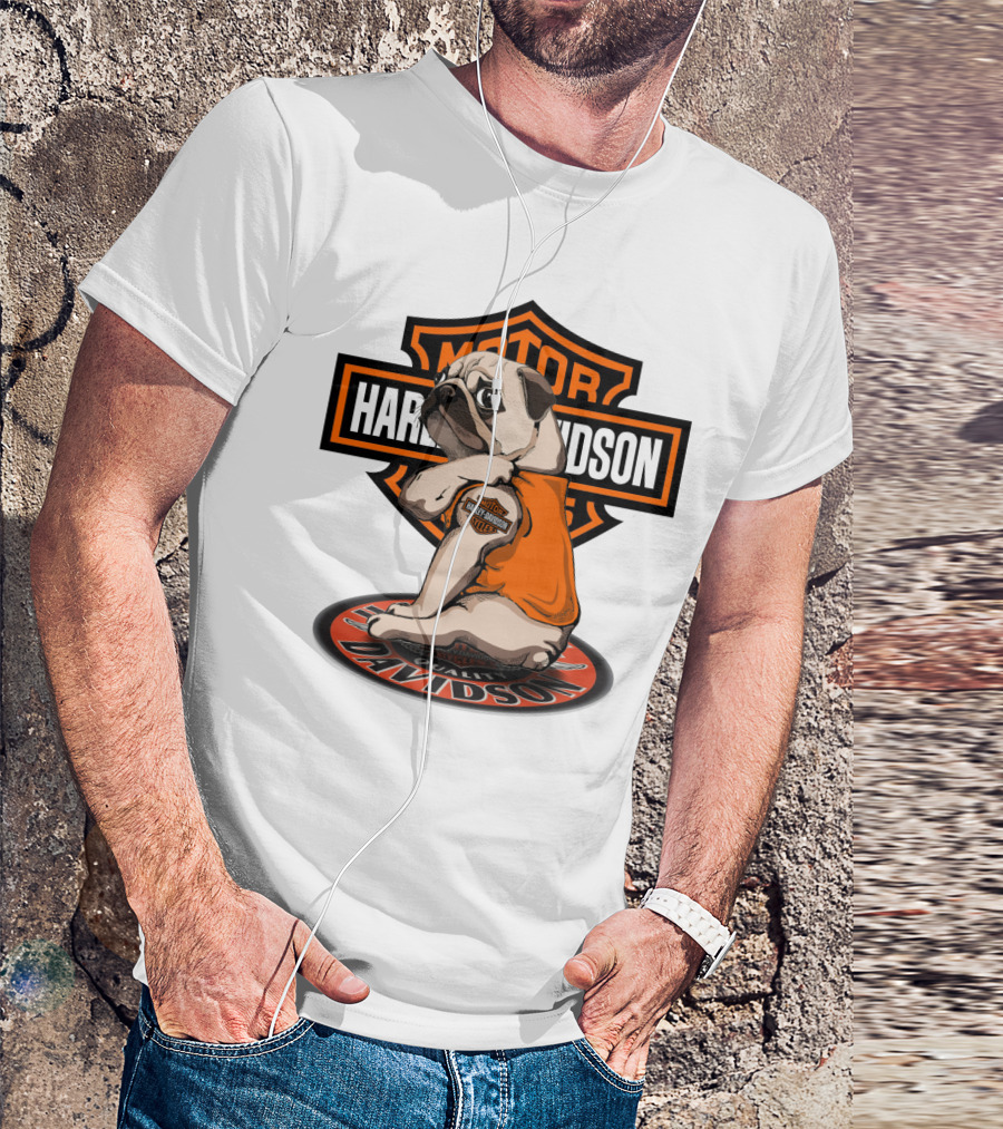 Harley Davidson Motor Pug With Orange Vest And Logo On Patch T-Shirt