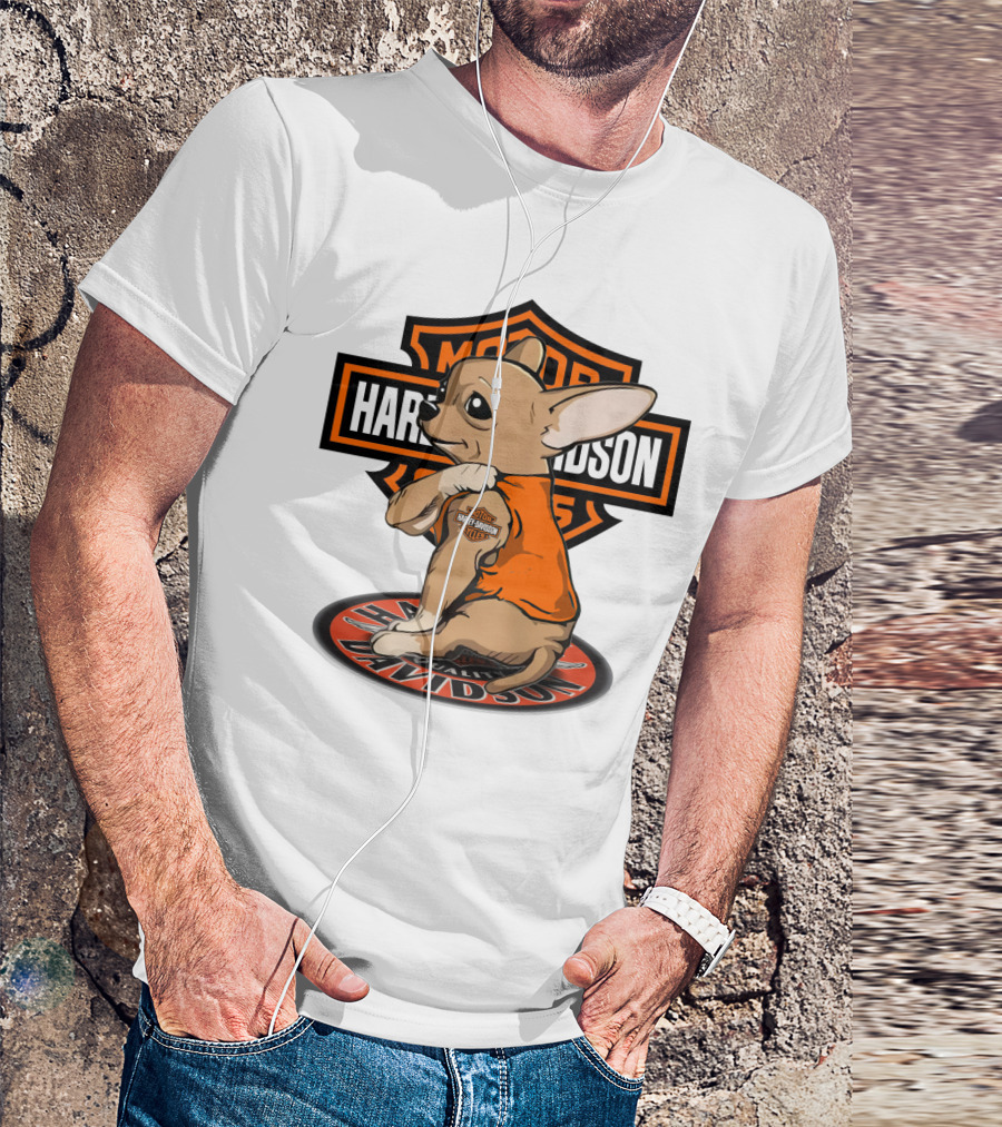 Harley Davidson Chihuahua With Orange Jacket And Motor T-Shirt