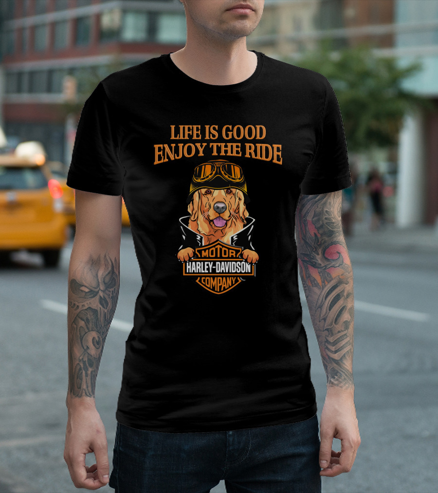 Life Is Good Enjoy The Ride Harley Davidson Golden Retriever Moto Style T-Shirt