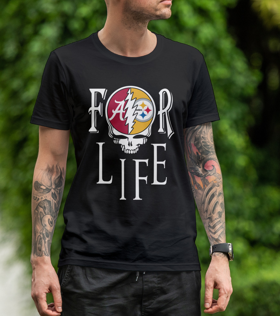 For Life Alabama Crimson Tide Steelers Grateful Dead Skull T-Shirt