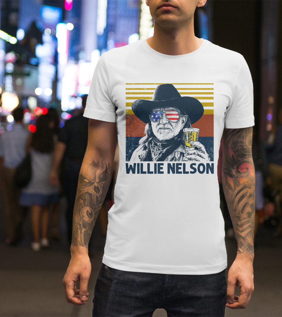 Willie Nelson USA Flag Sunglasses Beer Stripes T-Shirt