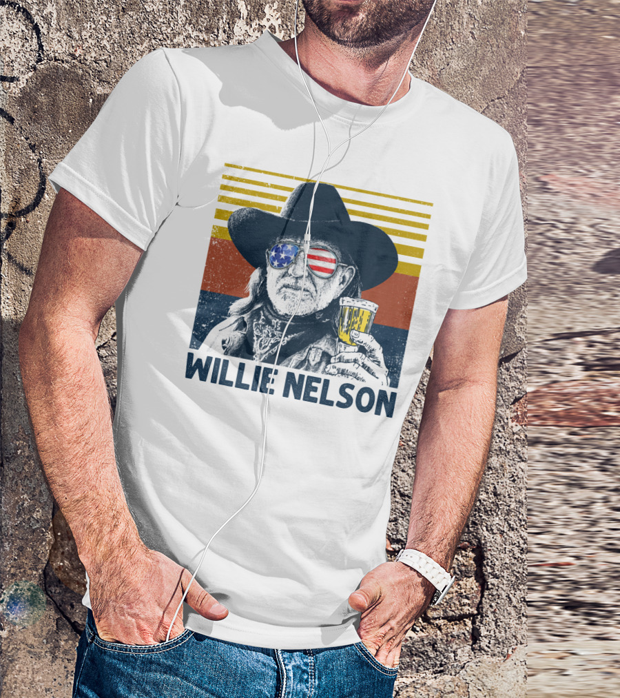 Willie Nelson USA Flag Sunglasses Beer Stripes T-Shirt