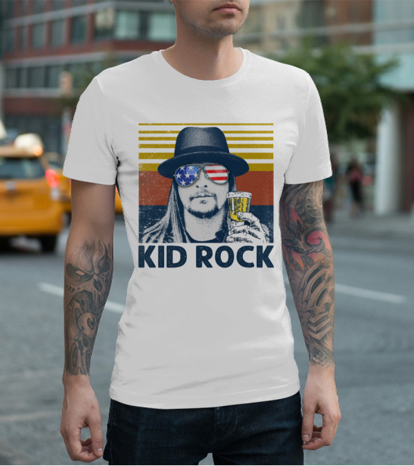 Kid Rock Stars And Stripes Sunglasses Man Holding Beer T-Shirt