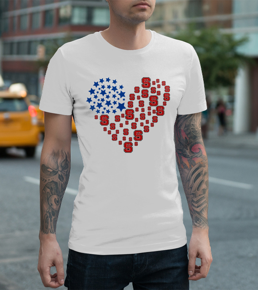 Nc State Heart Flag Blue Stars Red Logos T-Shirt