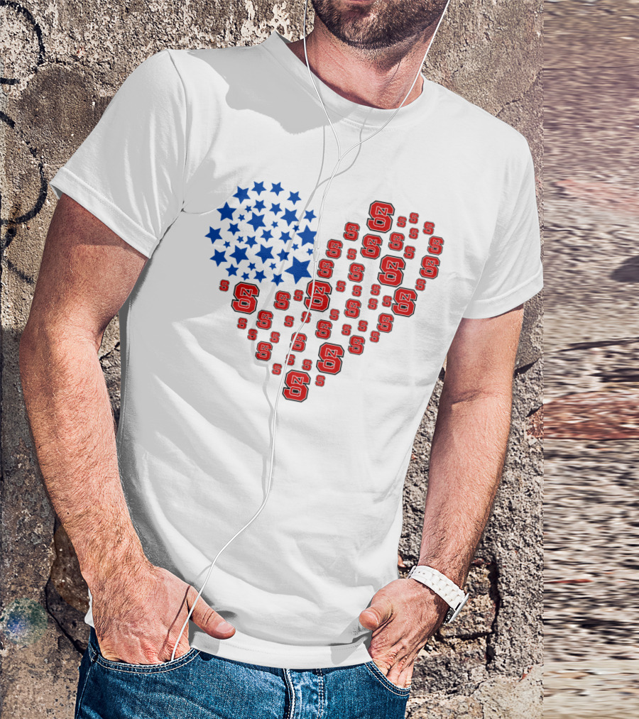 Nc State Heart Flag Blue Stars Red Logos T-Shirt