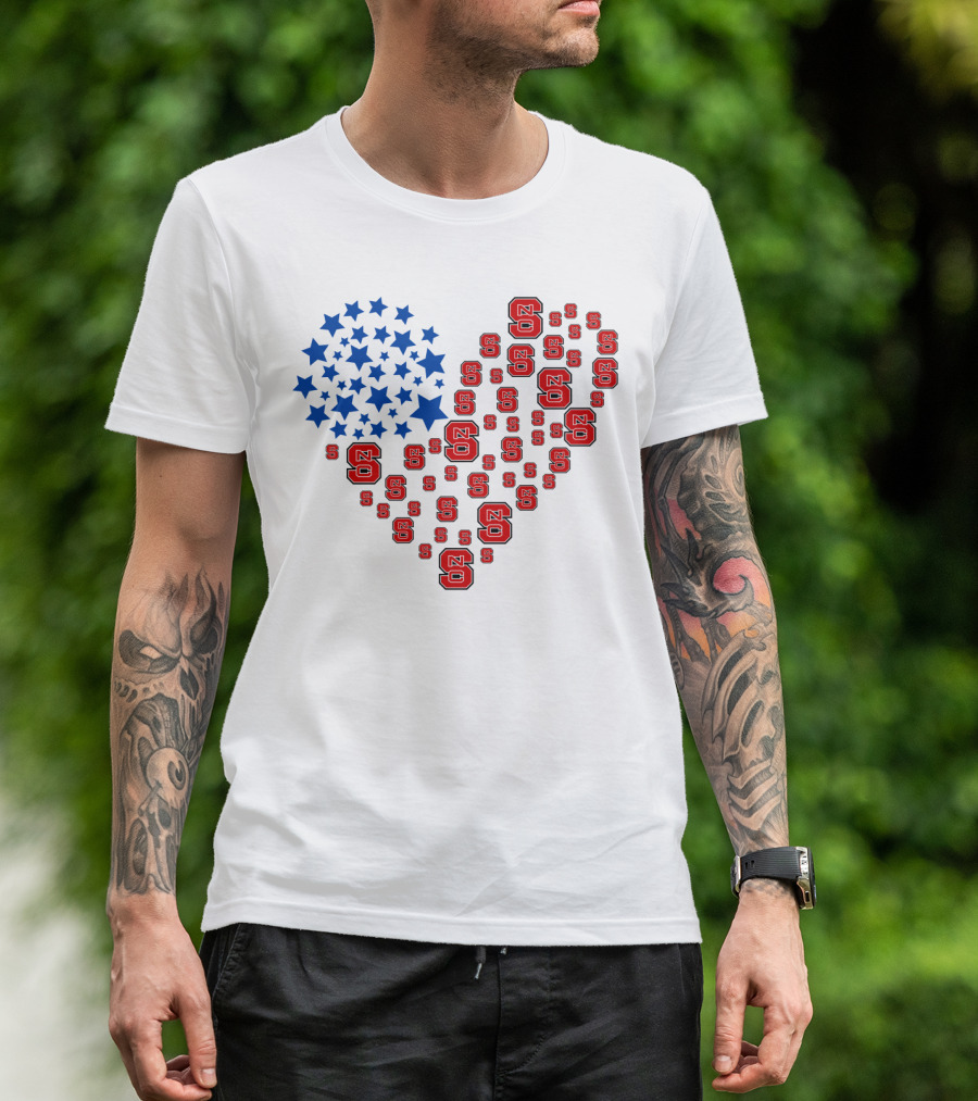 Nc State Heart Flag Blue Stars Red Logos T-Shirt