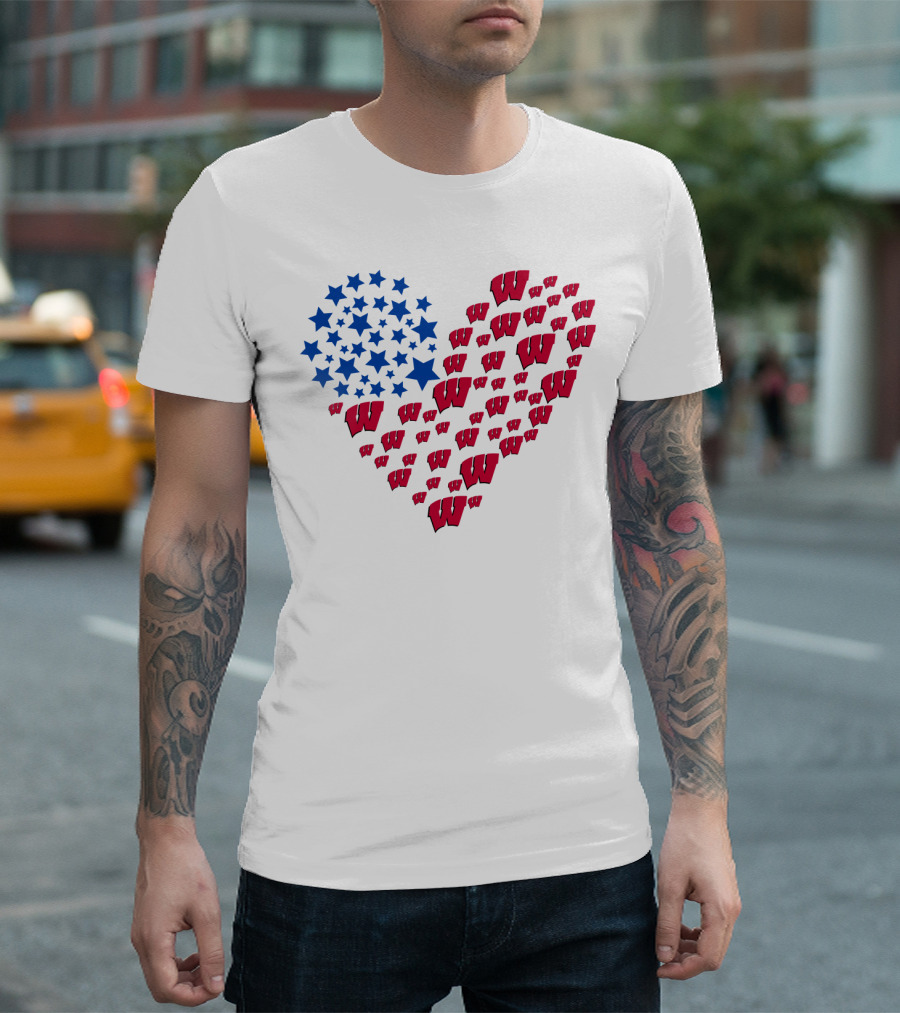 Wisconsin Badgers Heart Blue Stars Red W T-Shirt