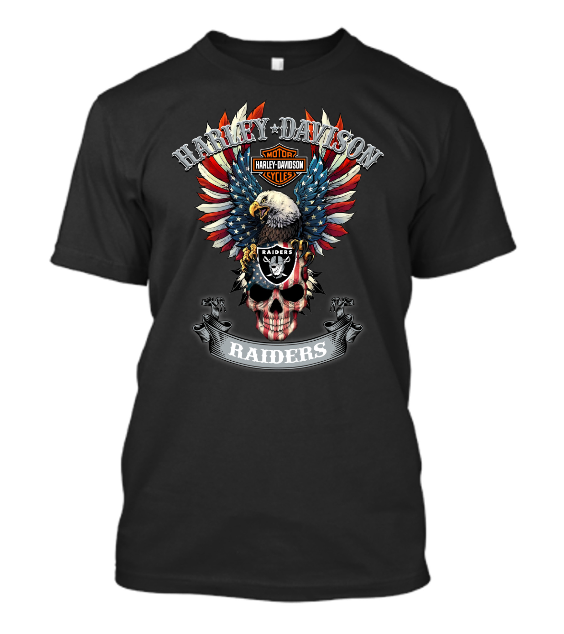 Harley Davidson Motor Cycles Raiders Eagle Skull American Flag T-Shirt